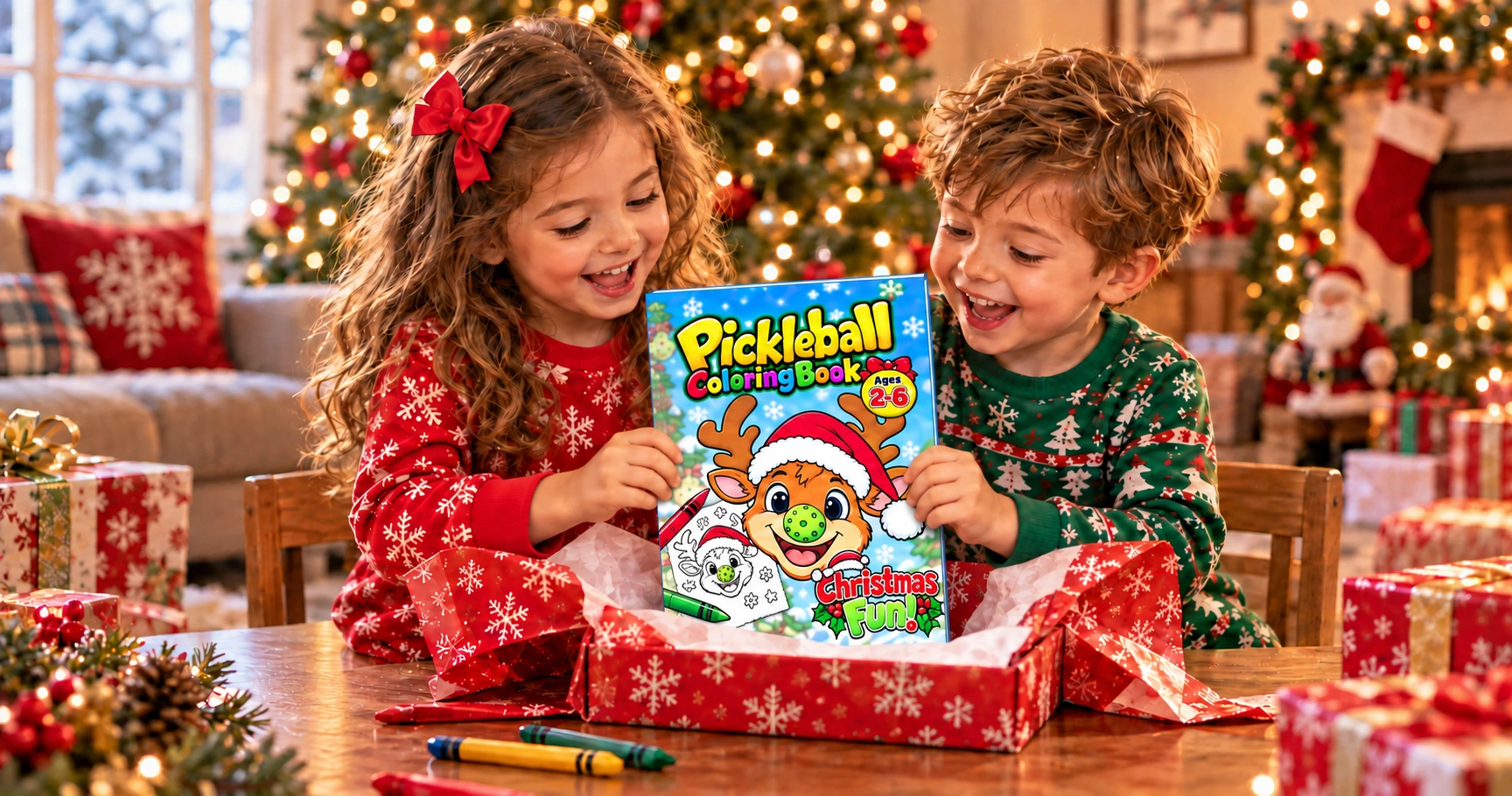 Children unwrap the Christmas pickleball coloring book for ages 2–6