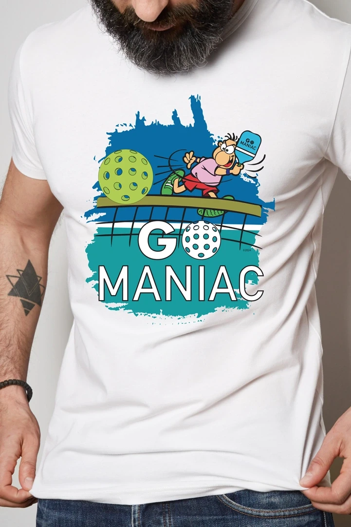 T-shirt blanc Go Maniac avec illustration cartoon
