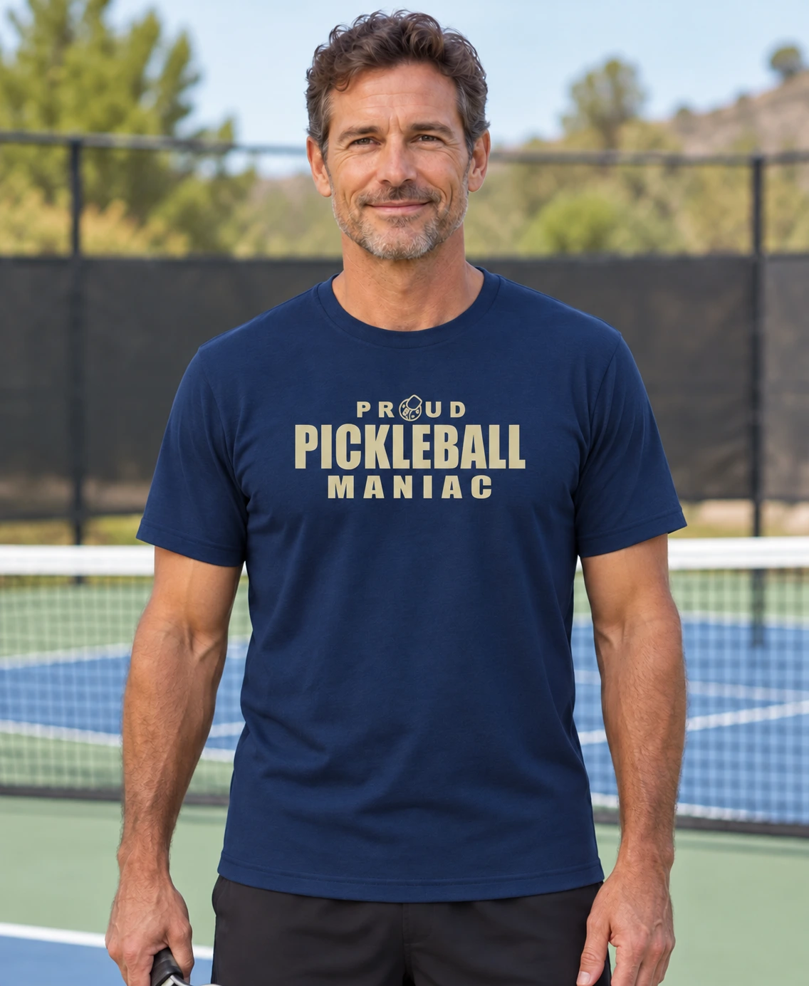 Proud Pickleball Maniac on a navy blue shirt